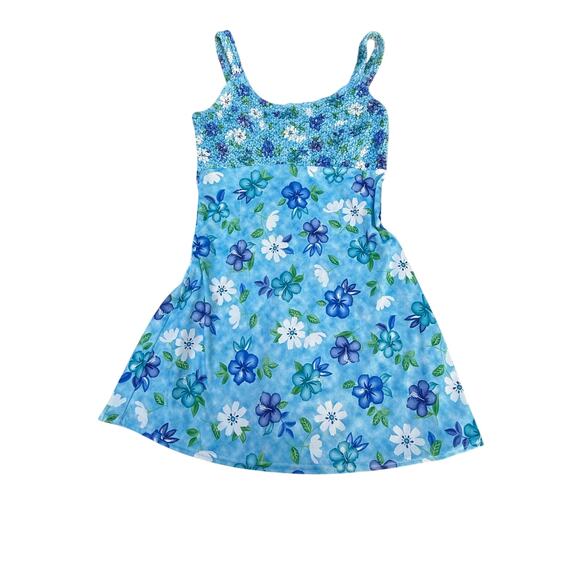 Vintage Y2K Up Front Smocked Mini Dress –‎ Blue Floral Hibiscus Print, Size L - Picture 3 of 11